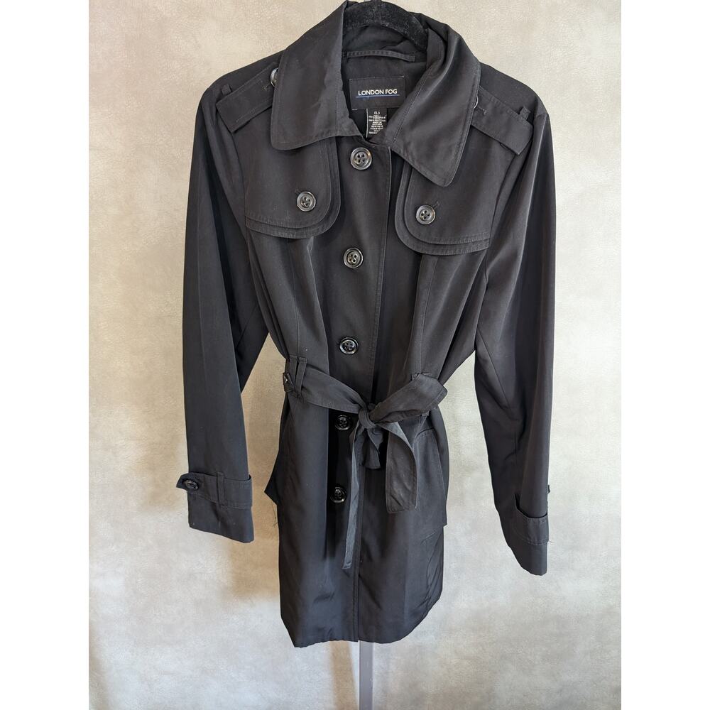 London Fog Womens Solid Black All Season Trench Coat Sz Large